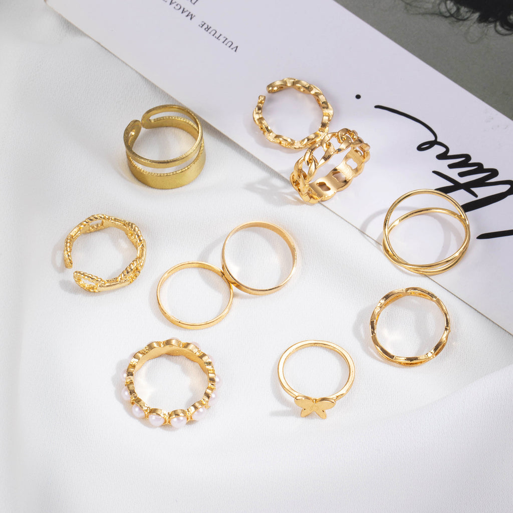 New Butterfly Pearl Rings 10 Pieces Adjustable Fashion ins Ring Sets for Women