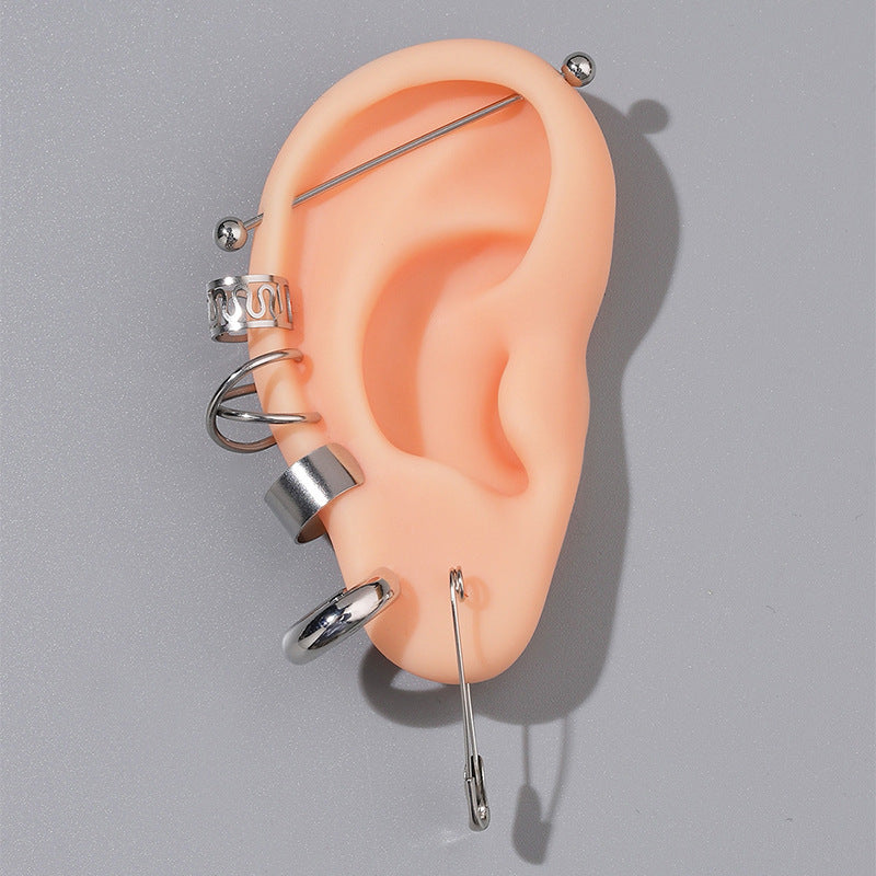 Fashion Exaggerated Personality Stainless Steel Piercing Ear Studs Pin Ear Clip Combination Ear Stud 6 Kits Unisex