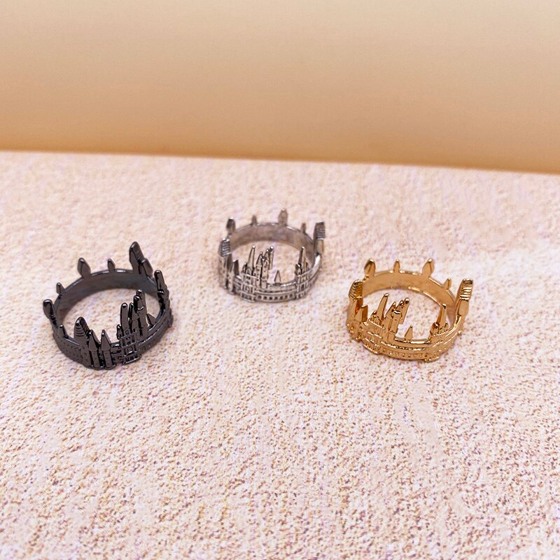 Vintage European Old Castle Rings For Men Women Antique Sliver Plated Carving Gothic Church Finger Rings Festival Jewelry Gifts