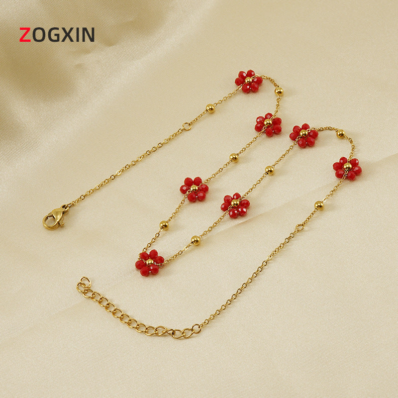 Versatile Fresh Floral Stainless Steel Bracelet for Women, Unique Titanium Steel Necklace Jewelry