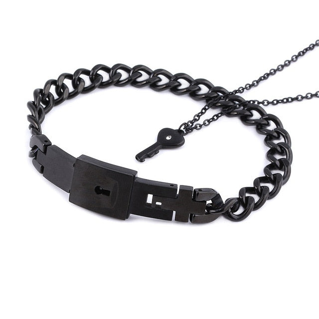 Couple Lovers Jewelry Love Heart Lock Bracelet Stainless Steel Bracelets Bangles Key Pendant Necklace Jewelry