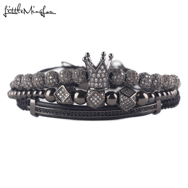 3pcs/set Luxury CZ polygon ball crown Charm copper bead Macrame handmade men Bracelets set bracelets & bangles for Men Jewelry