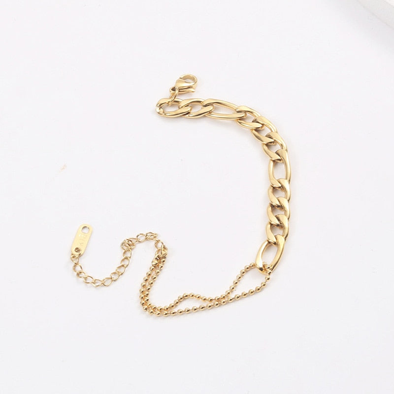Waterproof Stainless Steel Figaro Chain&Cuban Chain Patchwork Bracelets for Women Ladies Street Style Gold Chain Bracelet