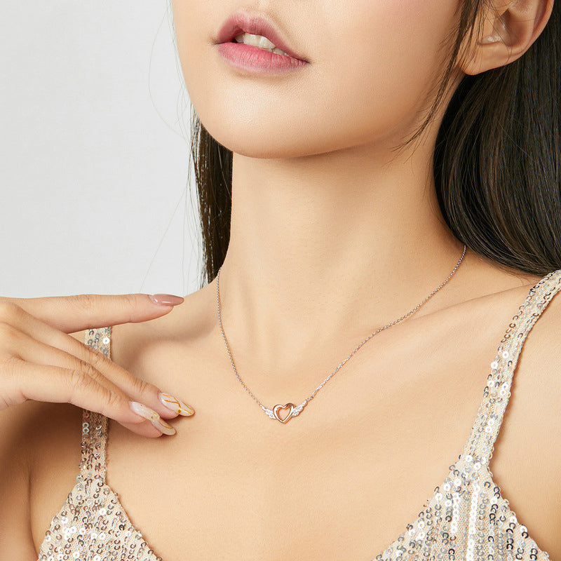Heart-Shaped Necklace Love Wings Pendant Popular Two-Tone Plated Charm