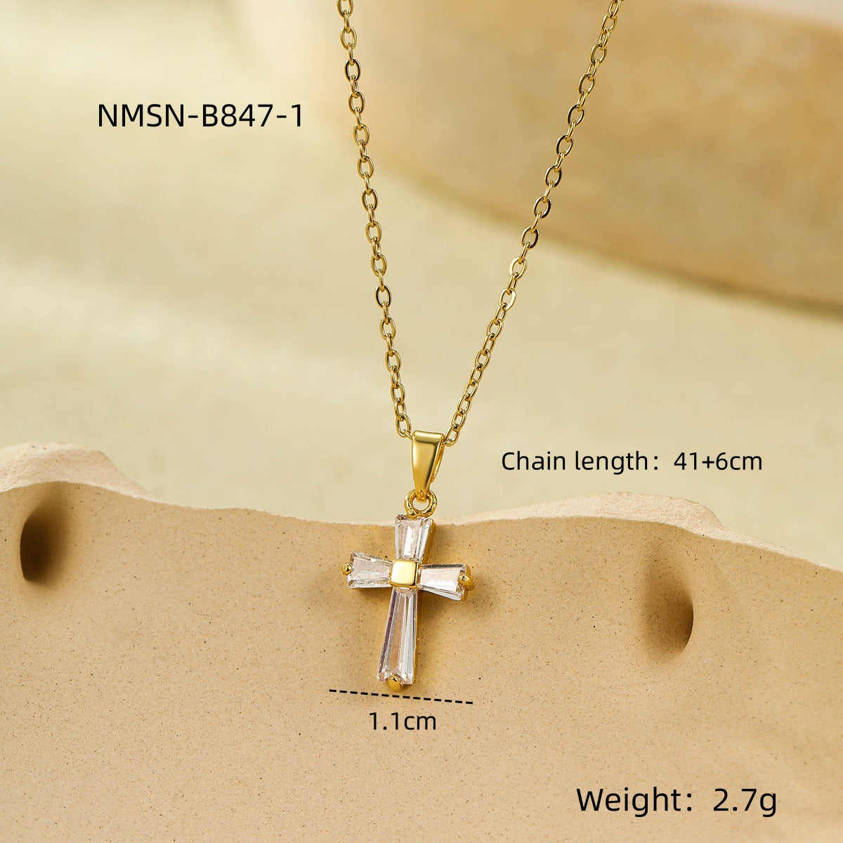 18K gold stainless steel geometric cross pendant inlaid with white zircon collarbone necklace