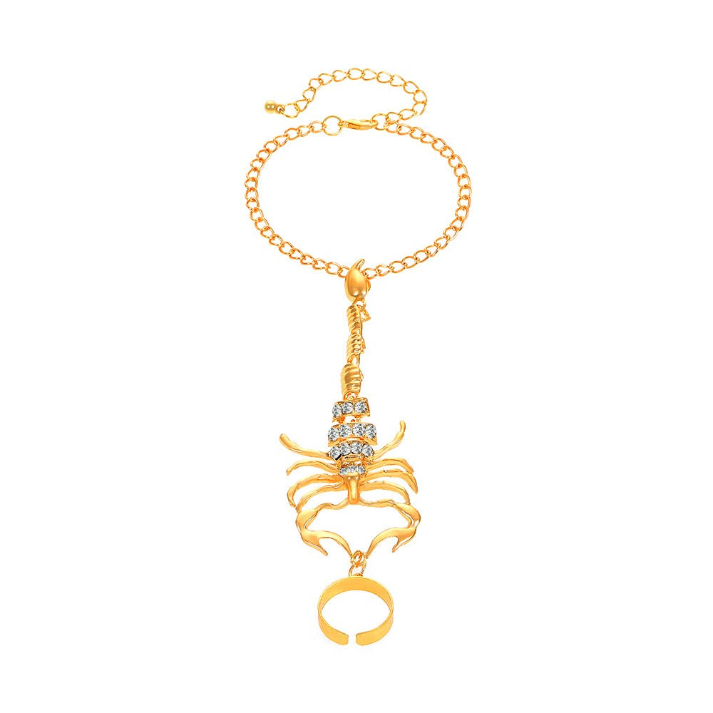 Vintage Punk Scorpion Tassel Chain Ring Bracelet Sets for Women Men Gothic Crystal Ring Connected Finger Charm Bracelets Jewelr