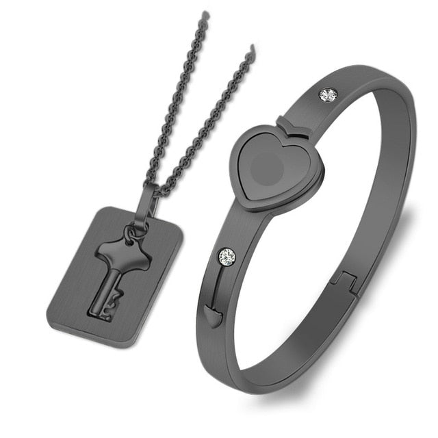 Couple Lovers Jewelry Love Heart Lock Bracelet Stainless Steel Bracelets Bangles Key Pendant Necklace Jewelry