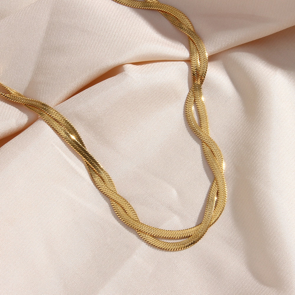 18K Gold Plated Waterproof Braided New Herringbone Chain Necklace Bracelets Set Wholesale Stainless Steel Jewelry For Women