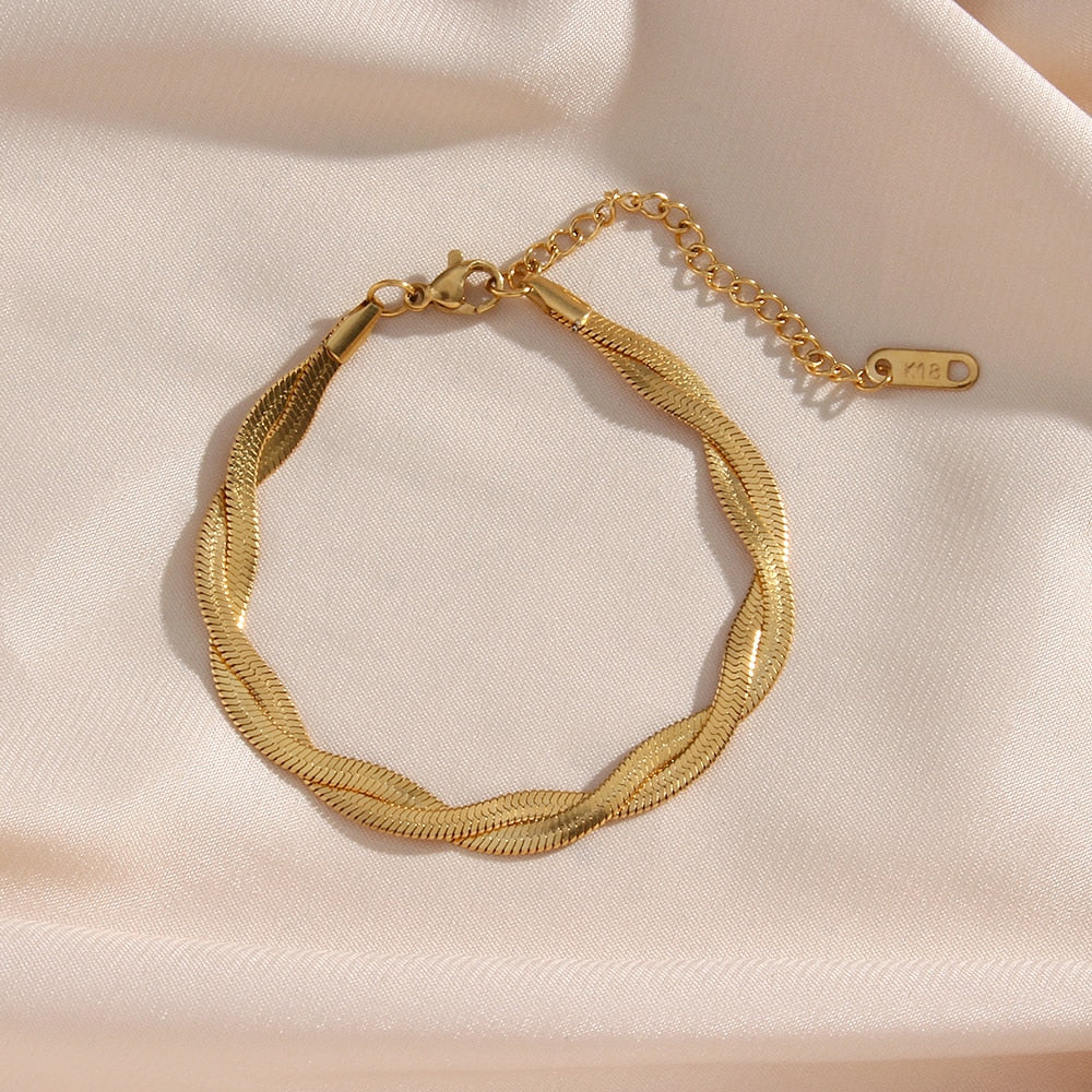 18K Gold Plated Waterproof Braided New Herringbone Chain Necklace Bracelets Set Wholesale Stainless Steel Jewelry For Women