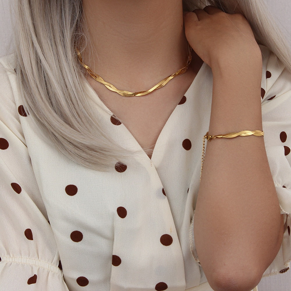 18K Gold Plated Waterproof Braided New Herringbone Chain Necklace Bracelets Set Wholesale Stainless Steel Jewelry For Women