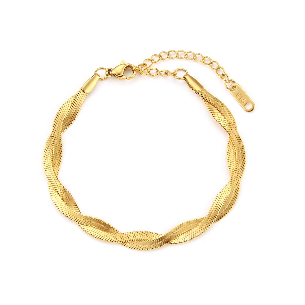 18K Gold Plated Waterproof Braided New Herringbone Chain Necklace Bracelets Set Wholesale Stainless Steel Jewelry For Women