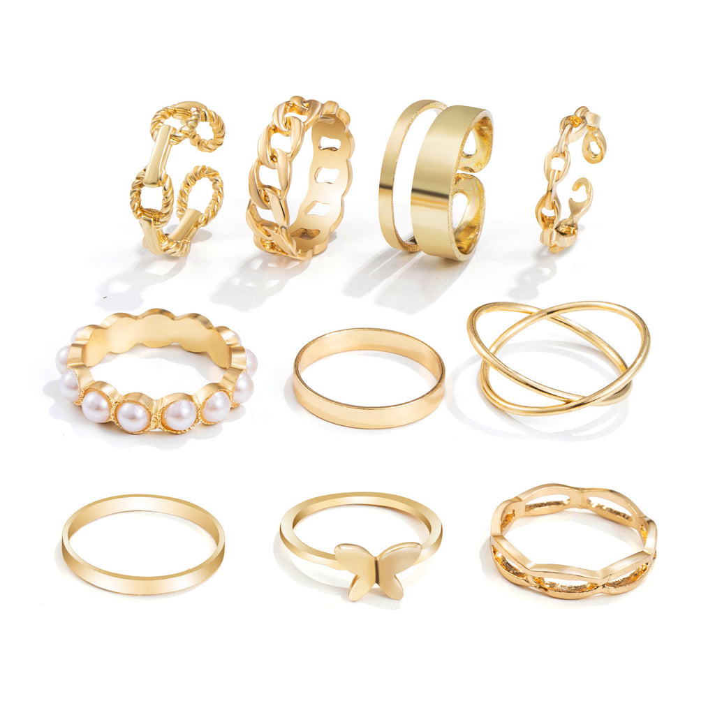 New Butterfly Pearl Rings 10 Pieces Adjustable Fashion ins Ring Sets for Women