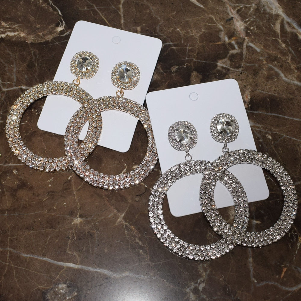 New Shiny Full Rhinestone Big Circle Pendent Dangle Earings for Women Fashion Jewelry Brand Show Statement Earrings Accessories
