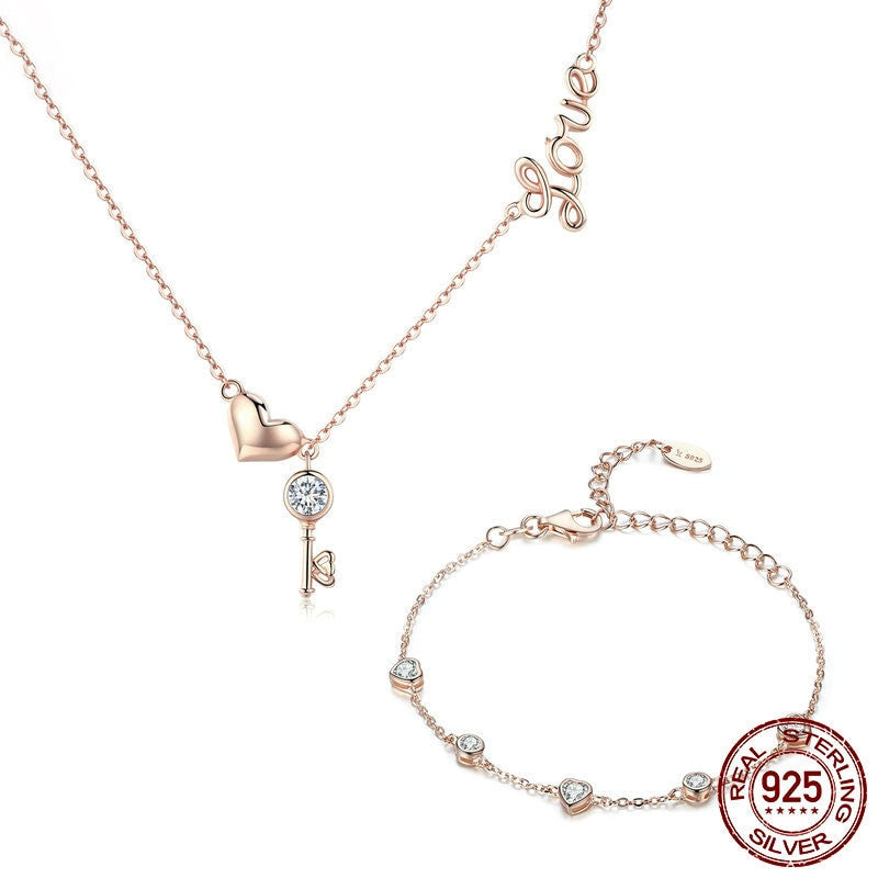 925 Sterling Silver Key Lock of Love Gold Color Necklaces Bracelets Jewelry Sets Wedding Authentic Silver Jewelry Set