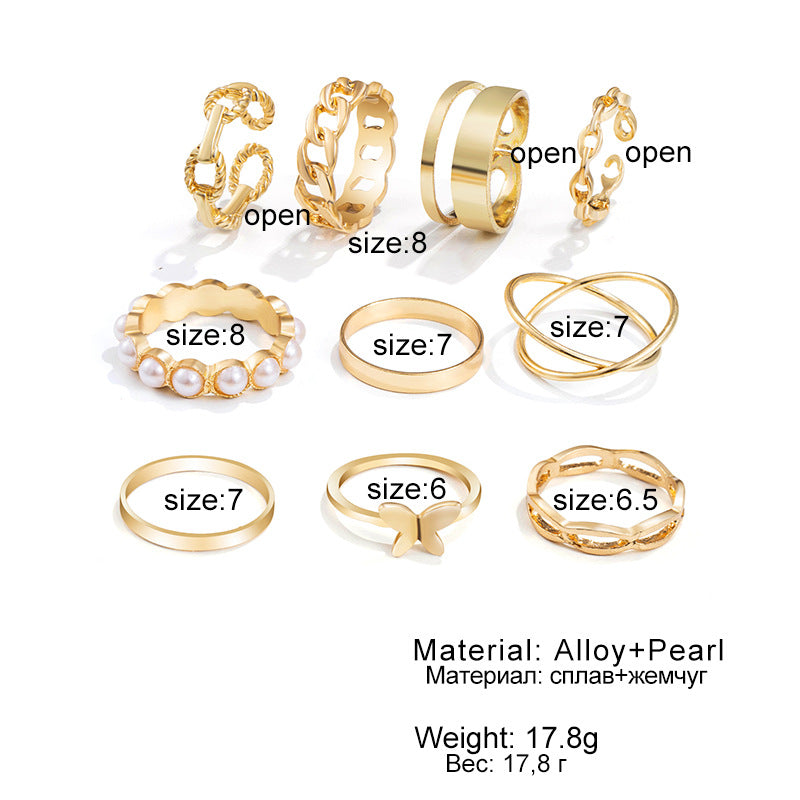 New Butterfly Pearl Rings 10 Pieces Adjustable Fashion ins Ring Sets for Women