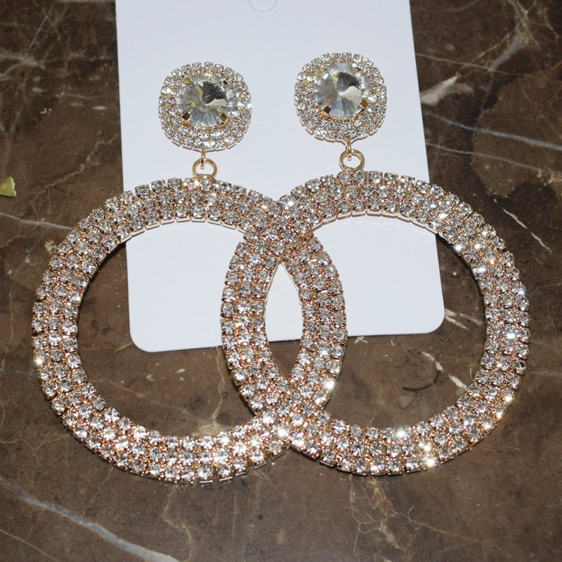 New Shiny Full Rhinestone Big Circle Pendent Dangle Earings for Women Fashion Jewelry Brand Show Statement Earrings Accessories
