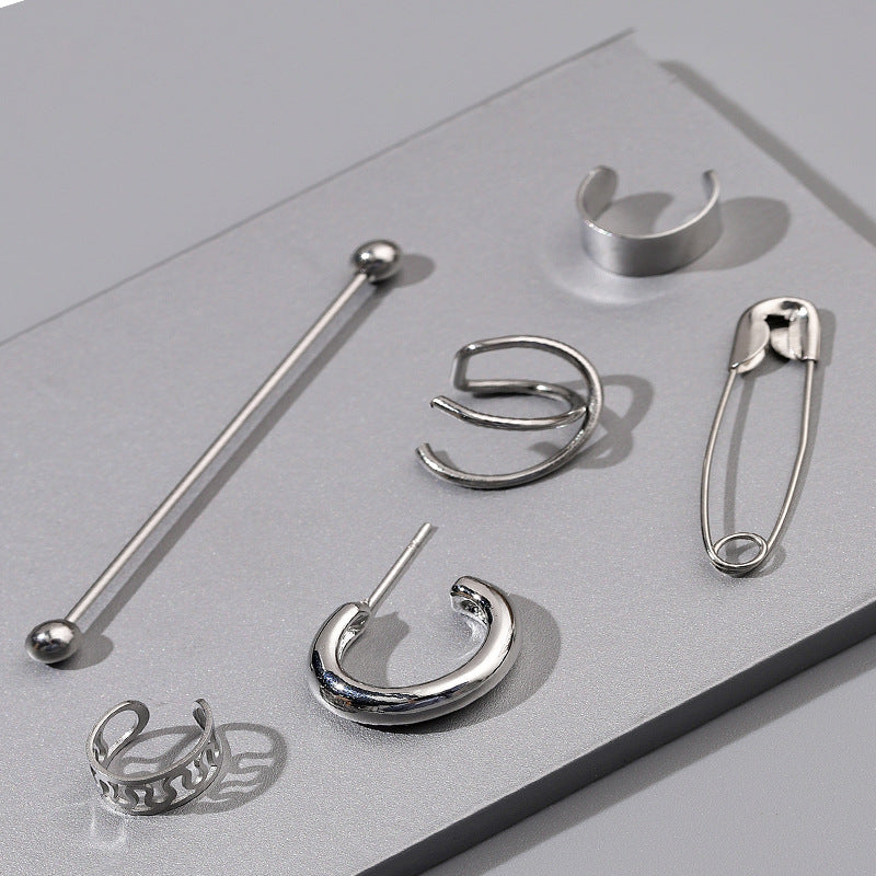 Fashion Exaggerated Personality Stainless Steel Piercing Ear Studs Pin Ear Clip Combination Ear Stud 6 Kits Unisex