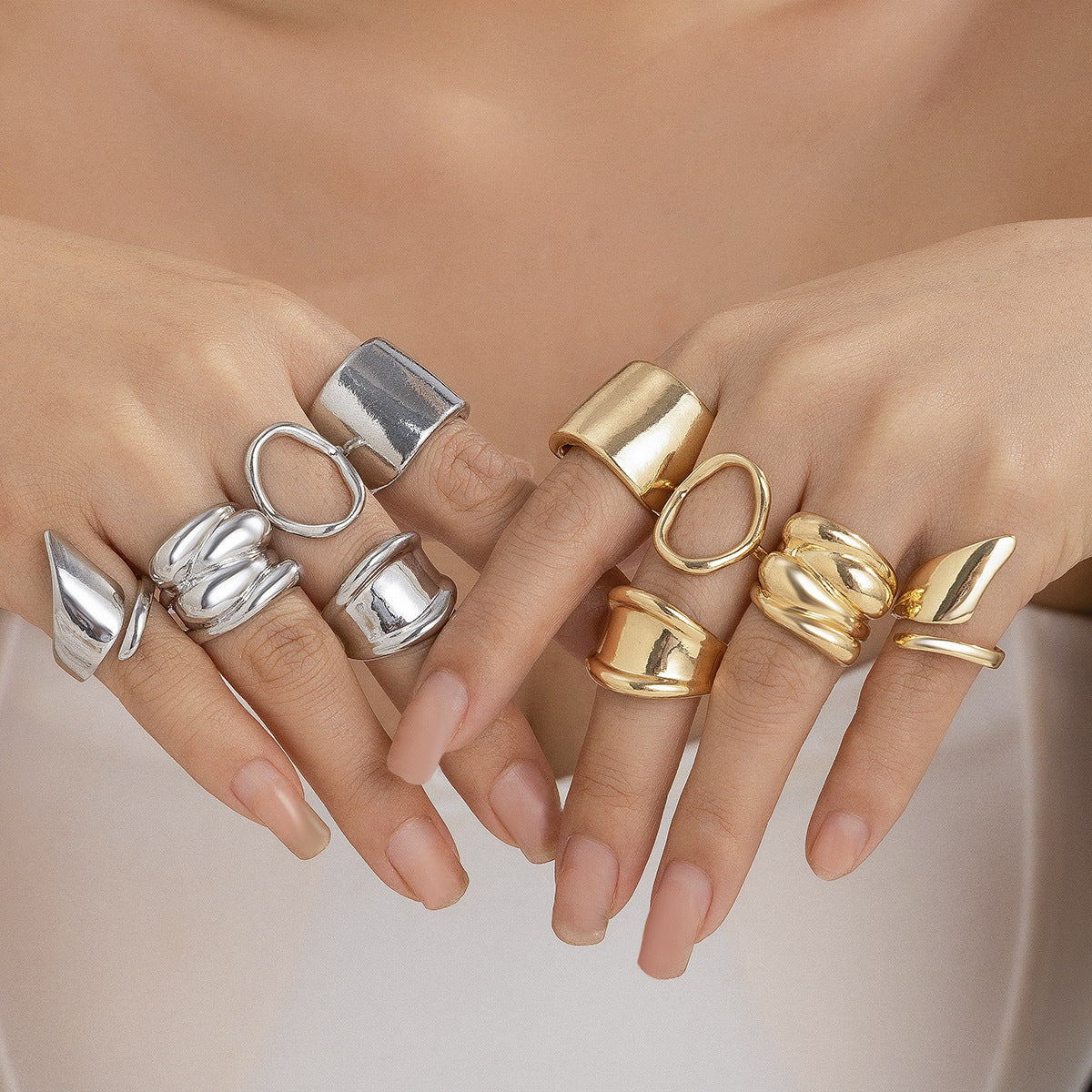 Geometric Metal Wind Lava Line Ring Set Irregular Smooth Surface Opening Texture Retro Rings
