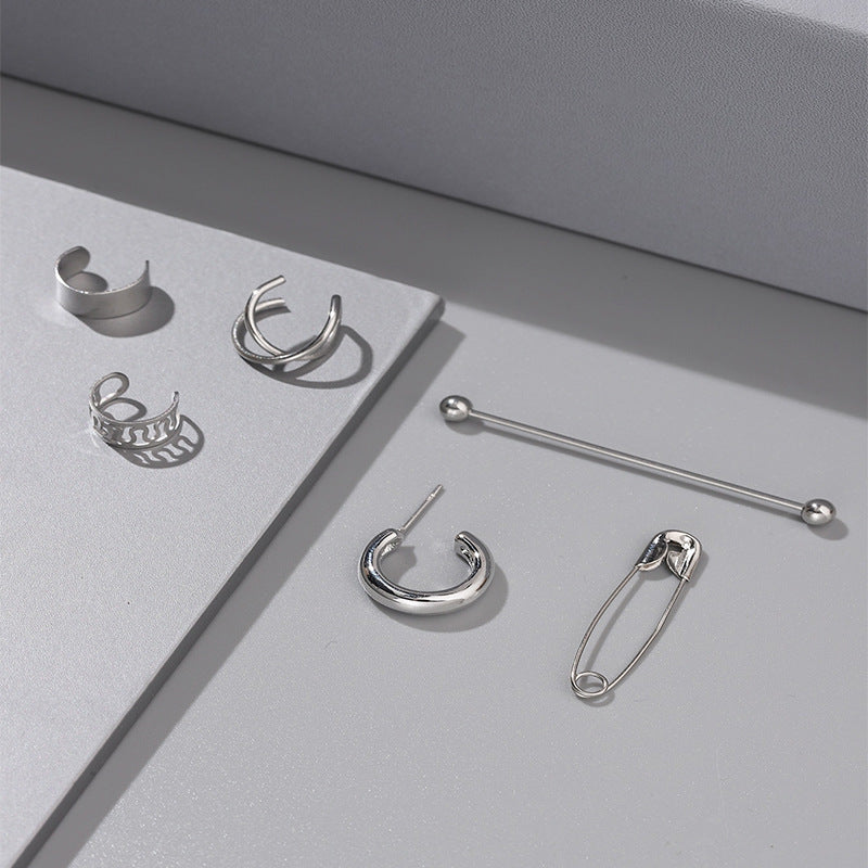 Fashion Exaggerated Personality Stainless Steel Piercing Ear Studs Pin Ear Clip Combination Ear Stud 6 Kits Unisex