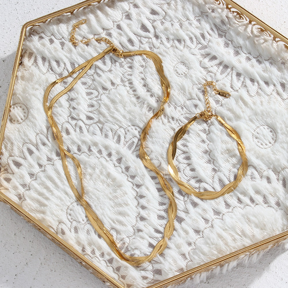 18K Gold Plated Waterproof Braided New Herringbone Chain Necklace Bracelets Set Wholesale Stainless Steel Jewelry For Women