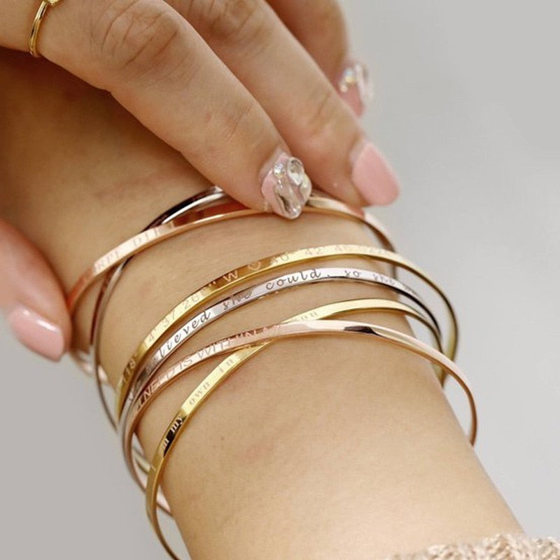 Inspirational Cuff Bracelet Bangle For Women Rose Gold silver color Engraved Mantra Bracelets Wife Fiance Personalized Gifts