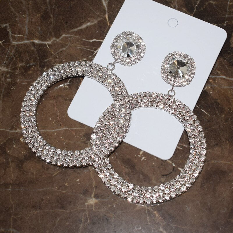 New Shiny Full Rhinestone Big Circle Pendent Dangle Earings for Women Fashion Jewelry Brand Show Statement Earrings Accessories