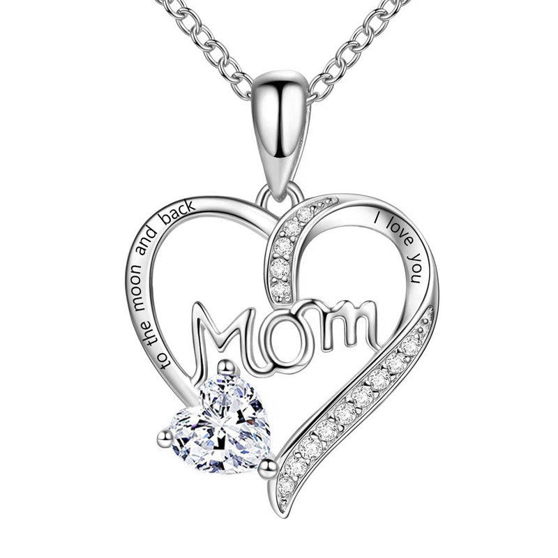 Heart-shaped Engraved Rhinestone Necklace for Mom