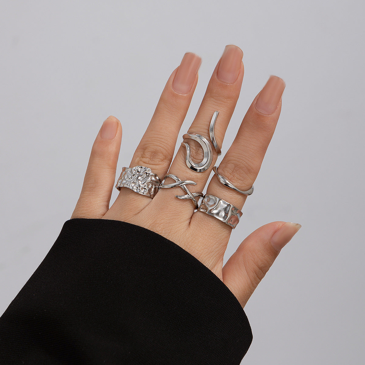 Geometric Metal Wind Lava Line Ring Set Irregular Smooth Surface Opening Texture Retro Rings