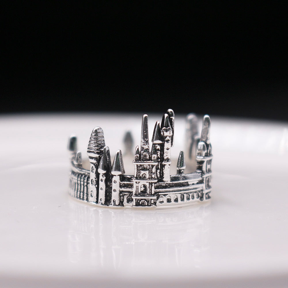 Vintage European Old Castle Rings For Men Women Antique Sliver Plated Carving Gothic Church Finger Rings Festival Jewelry Gifts