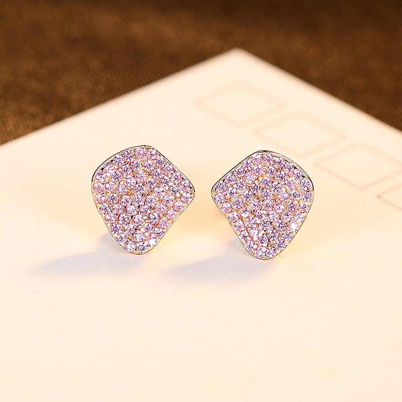 PAG&MAG Genuine 925 Sterling Silver Stud Earrings Luxury Pink Cubic Zircon Irregular Earings For Women Jewelry pendientes plata