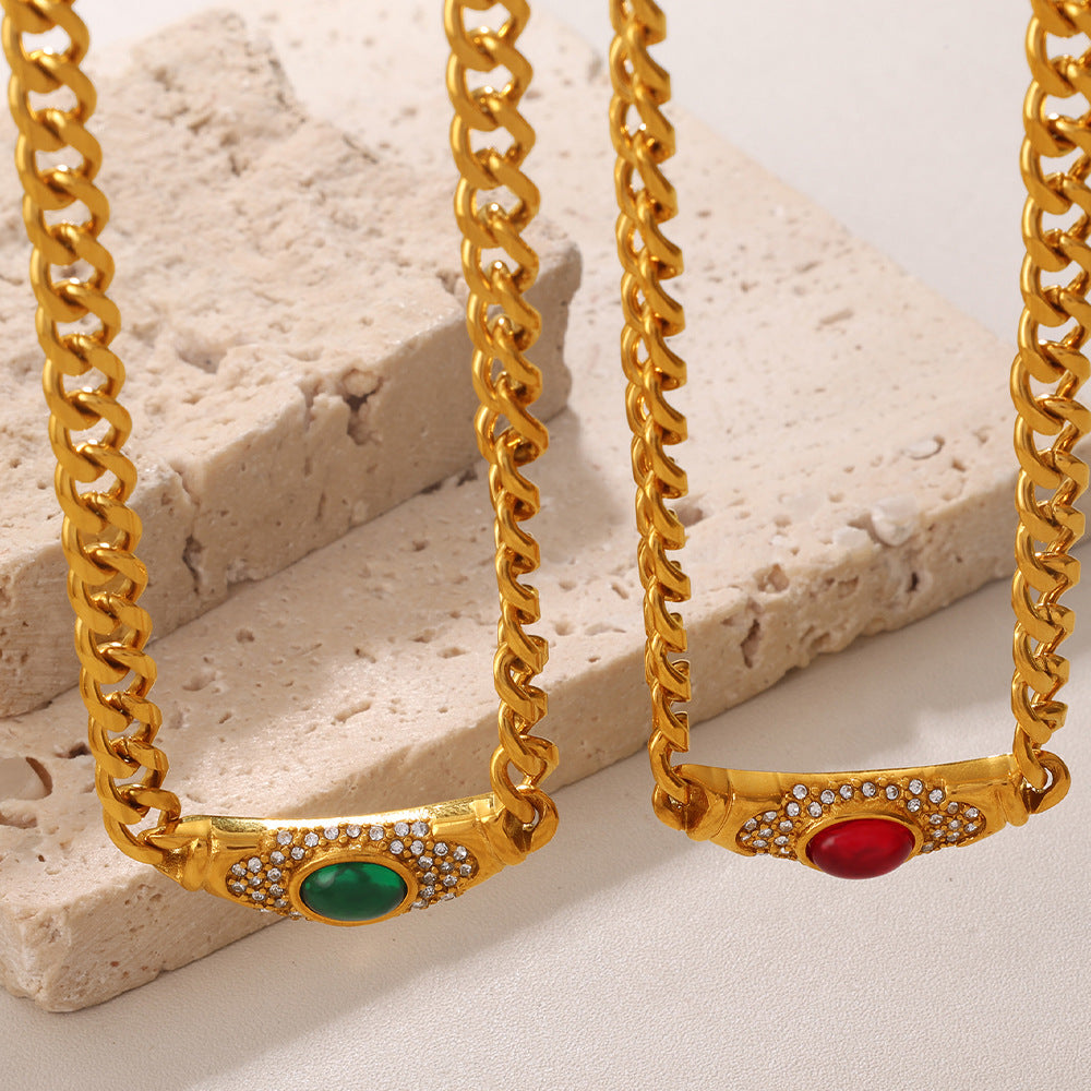 Embedded Cat's Eye Stone Necklace Retro Vintage Geometric Choker Chain