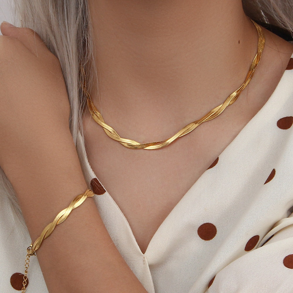 18K Gold Plated Waterproof Braided New Herringbone Chain Necklace Bracelets Set Wholesale Stainless Steel Jewelry For Women