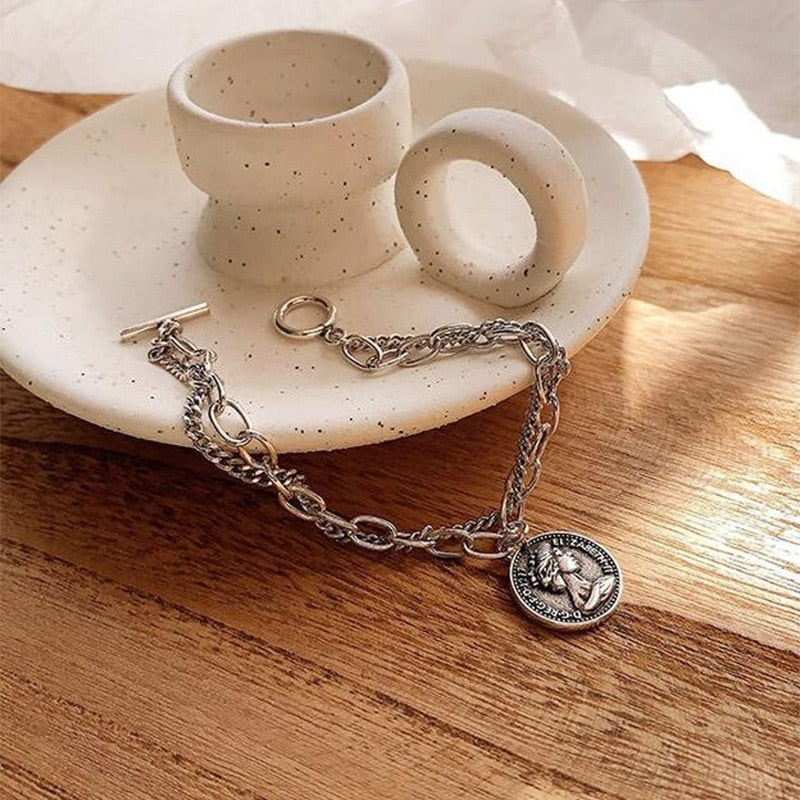 Punk Bracelets Carved Coin Head Bracelet Bangle Bohemian Circle Queen Thick Chain Tassel Pendant Bracelet Women Jewelry