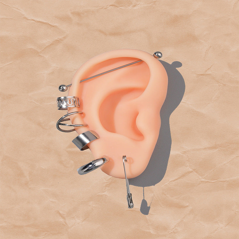 Fashion Exaggerated Personality Stainless Steel Piercing Ear Studs Pin Ear Clip Combination Ear Stud 6 Kits Unisex