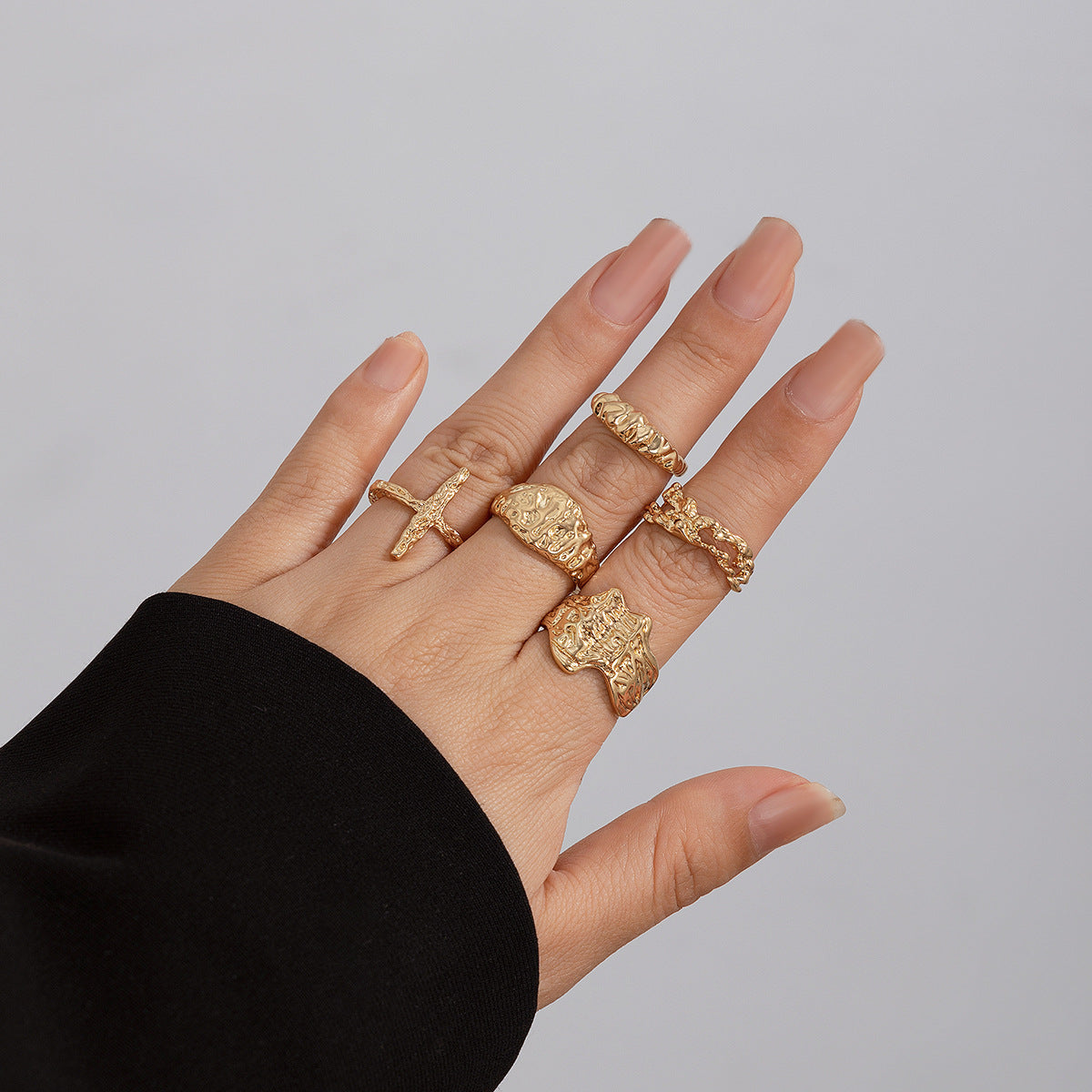 Geometric Metal Wind Lava Line Ring Set Irregular Smooth Surface Opening Texture Retro Rings