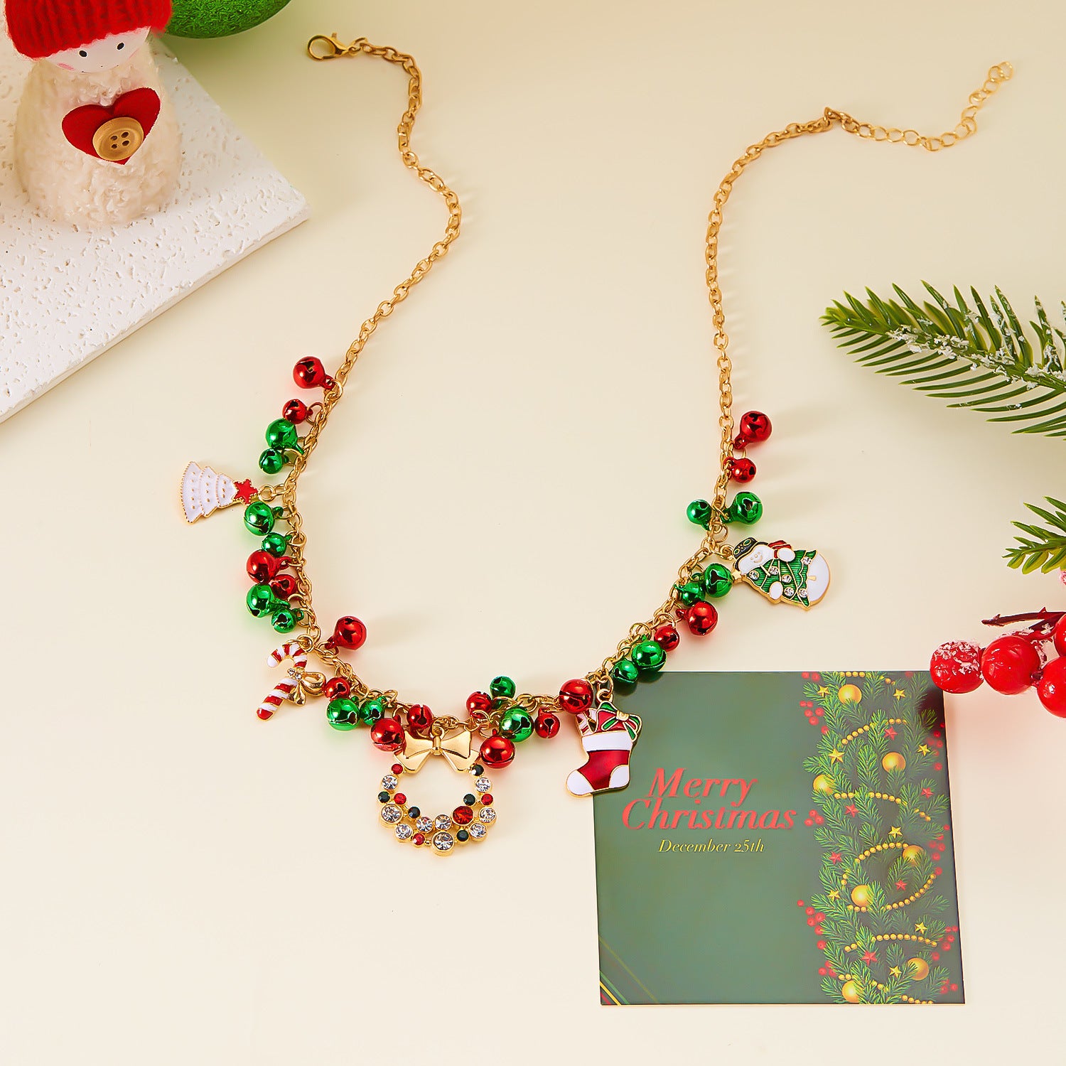 Christmas-themed Necklace for Women, Santa Claus Wreath Rhinestone Pendant, Christmas Bell and Tree Sweater Chain