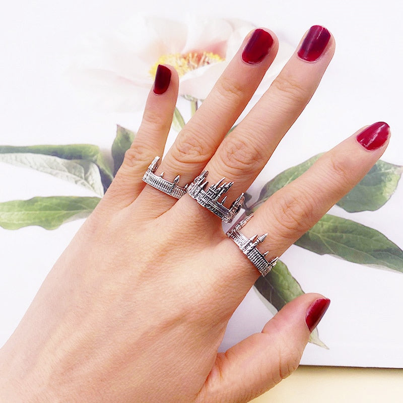 Vintage European Old Castle Rings For Men Women Antique Sliver Plated Carving Gothic Church Finger Rings Festival Jewelry Gifts