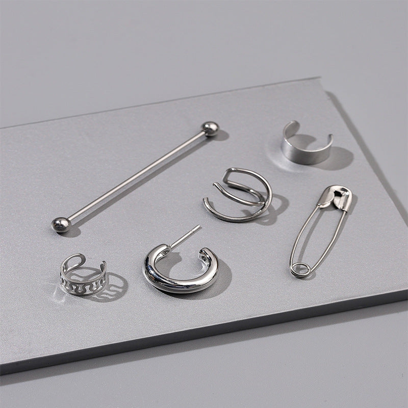 Fashion Exaggerated Personality Stainless Steel Piercing Ear Studs Pin Ear Clip Combination Ear Stud 6 Kits Unisex