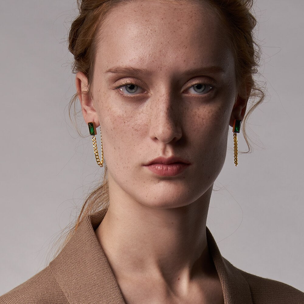 ENFASHION Green Stone Drop Earrings For Women Gold Color Stainless Steel Brincos Chain Dangle Earings Fashion Jewelry 2020 E1194
