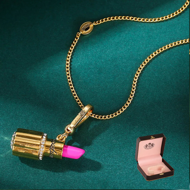 Enamel glazed diamond studded metal letters Barbie pink lipstick rotatable pendant necklace