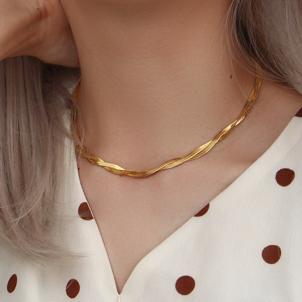 18K Gold Plated Waterproof Braided New Herringbone Chain Necklace Bracelets Set Wholesale Stainless Steel Jewelry For Women