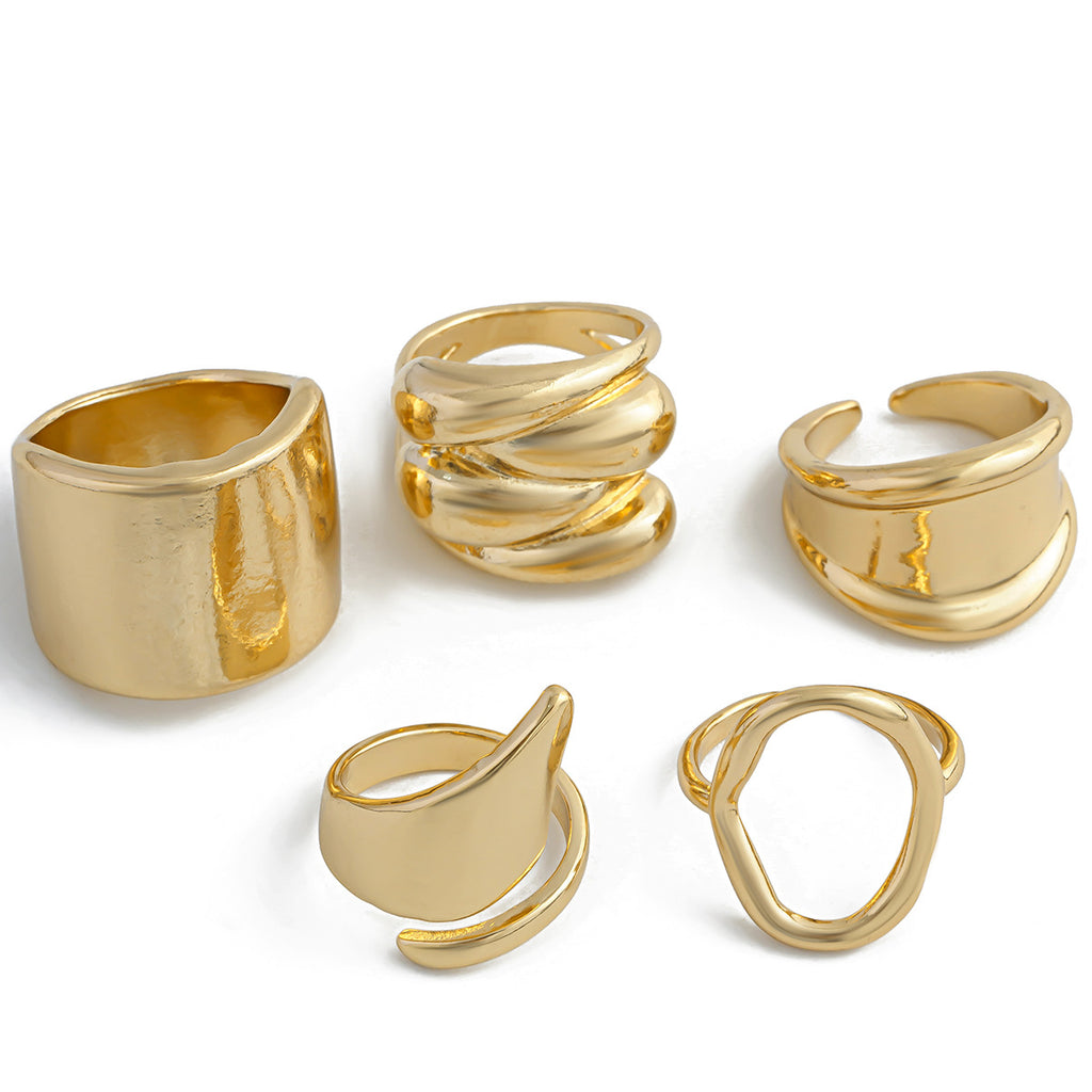 Geometric Metal Wind Lava Line Ring Set Irregular Smooth Surface Opening Texture Retro Rings