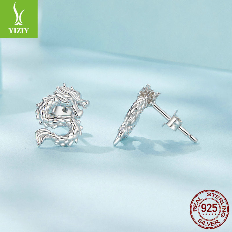 Silver Charm Original China-Chic Style Flying Dragon Pure Silver Ear Studs Mysterious Male and Female Personality 925 Sterling Silver Dragon Ear Studs Earrings