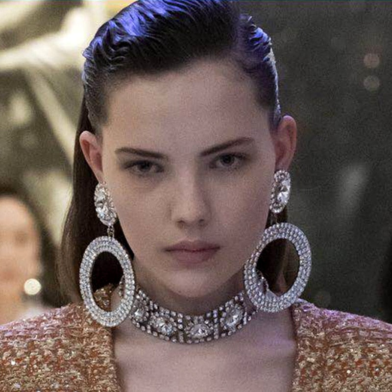 New Shiny Full Rhinestone Big Circle Pendent Dangle Earings for Women Fashion Jewelry Brand Show Statement Earrings Accessories