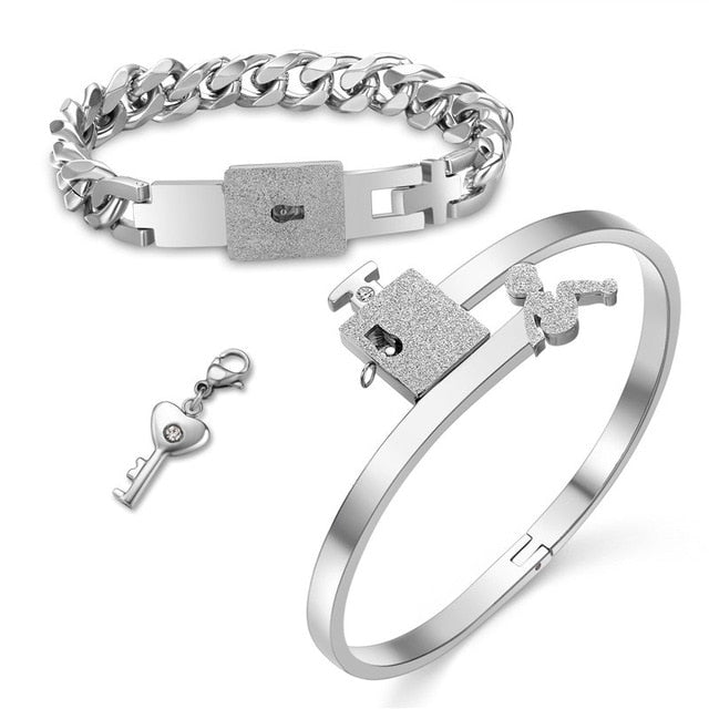 Couple Lovers Jewelry Love Heart Lock Bracelet Stainless Steel Bracelets Bangles Key Pendant Necklace Jewelry