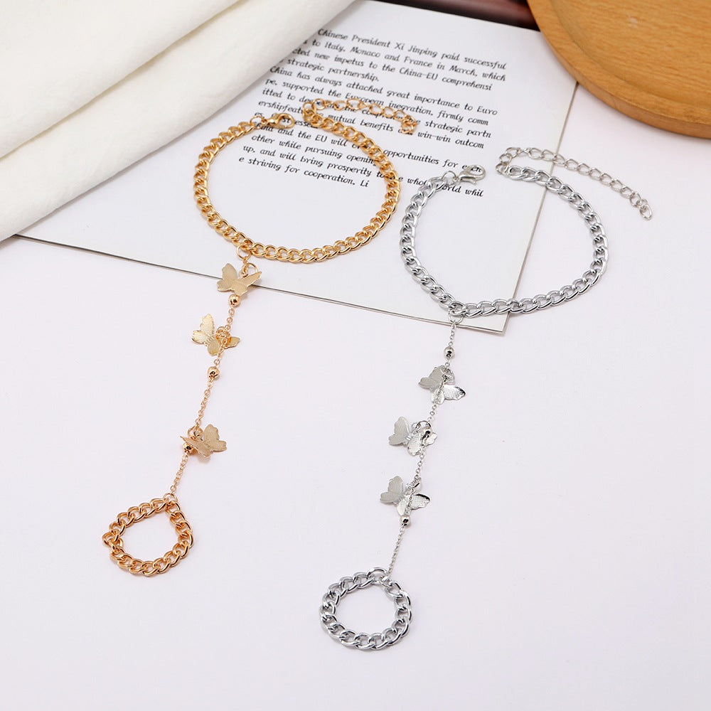 Vintage Punk Scorpion Tassel Chain Ring Bracelet Sets for Women Men Gothic Crystal Ring Connected Finger Charm Bracelets Jewelr