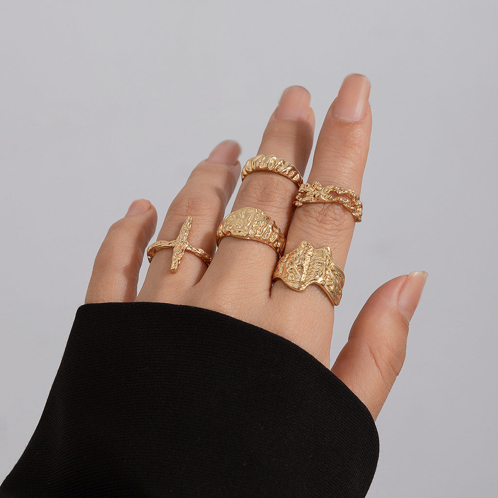 Geometric Metal Wind Lava Line Ring Set Irregular Smooth Surface Opening Texture Retro Rings