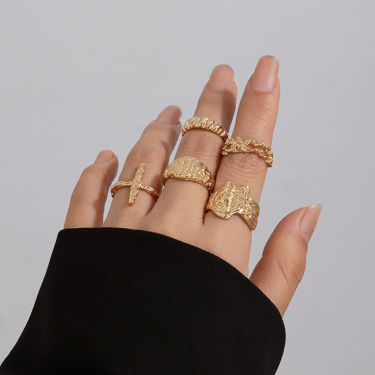Geometric Metal Wind Lava Line Ring Set Irregular Smooth Surface Opening Texture Retro Rings