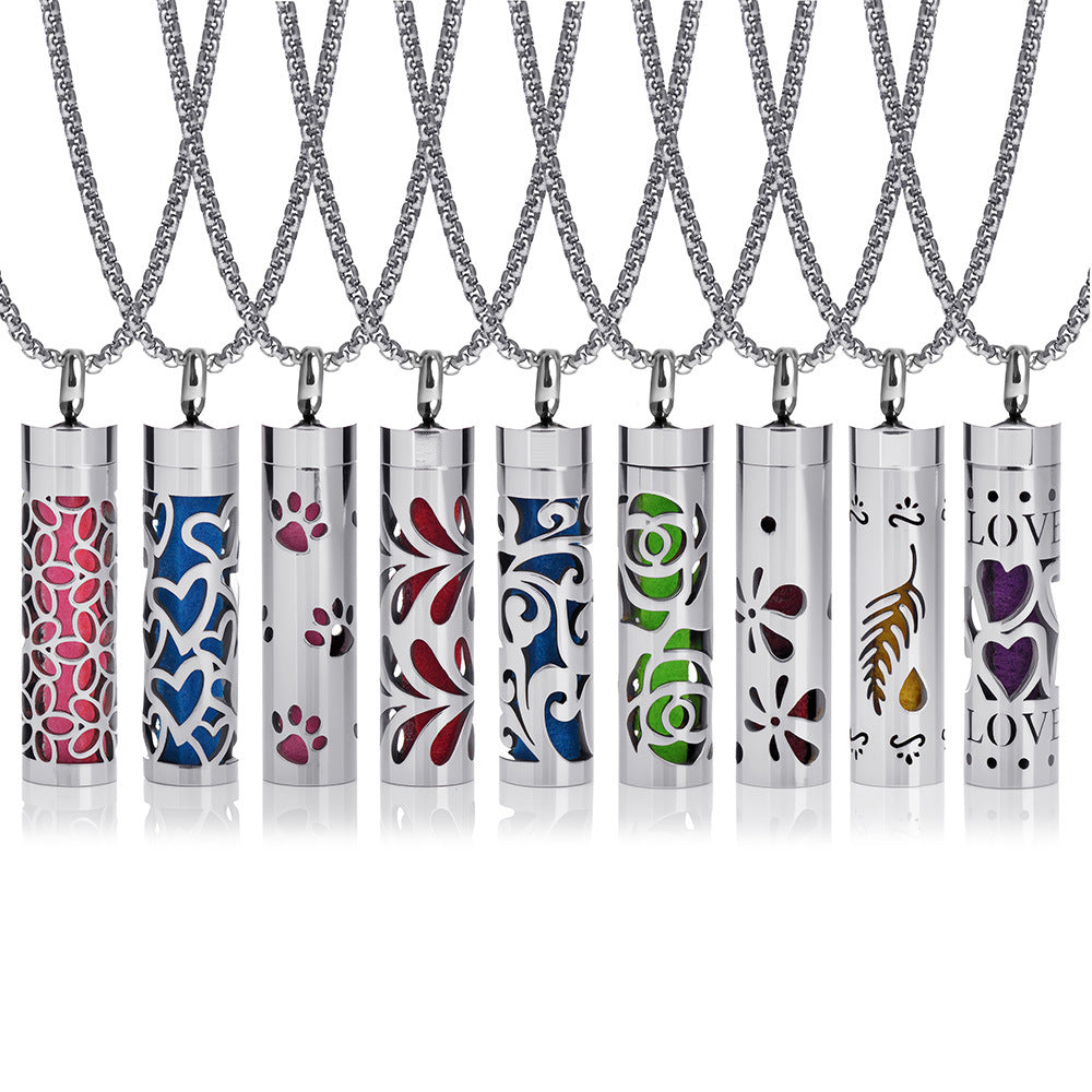 Cylindrical Heart-shaped Diffuser Pendant Necklace with Essential Oil, Stainless Steel Necklace for Men and Women, Titanium Steel Pendant