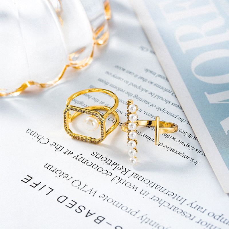 Trendy Style Zircon Open Ring Women Simulated Pearl Geometric Rings Fashion Brass Jewelry Wholesale